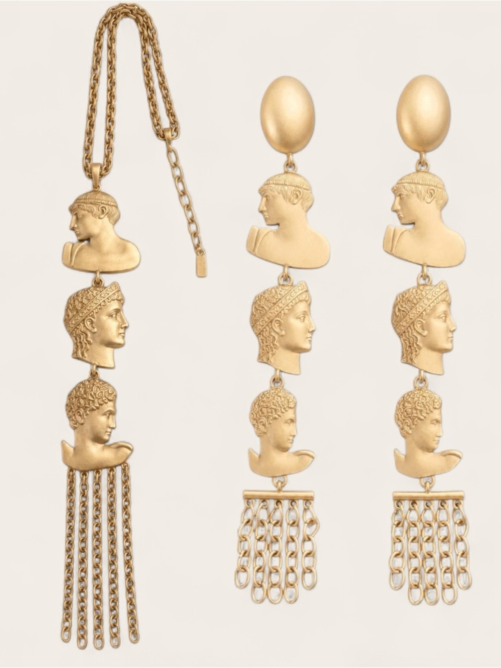 Gold Tone Sculpted Roman Profile Drop Necklace and Earrings Set